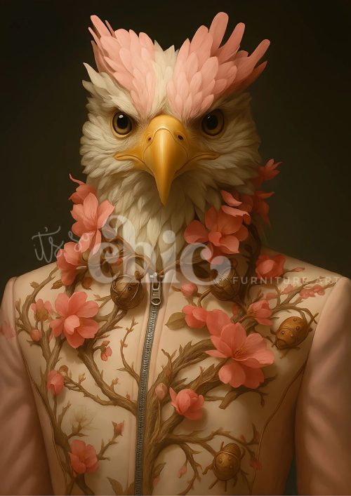 A regal hawk with pink feathers wearing a botanical-themed jacket embroidered with branches and three-dimensional blossoms, combining avian elegance with floral fashion
