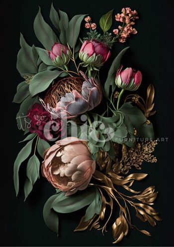 An elegant painting of fully bloomed and budding peonies in shades of pink and coral, accented with gold leaves against a dark background.
