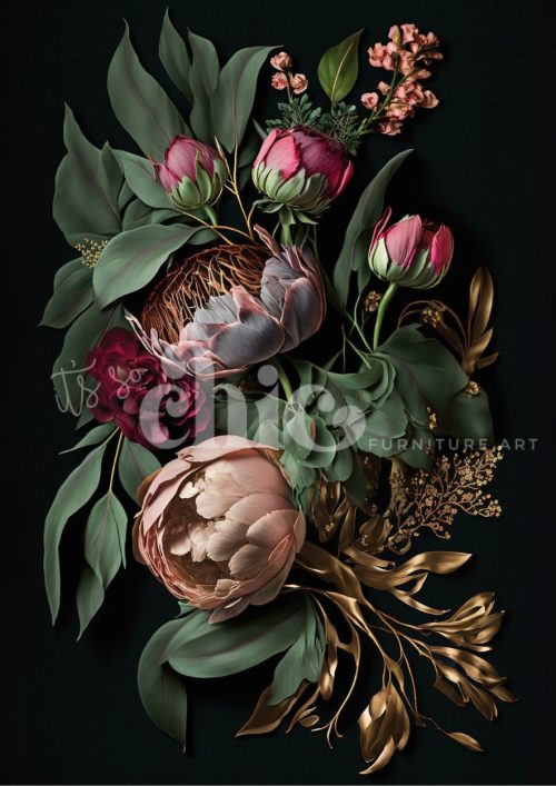 An elegant painting of fully bloomed and budding peonies in shades of pink and coral, accented with gold leaves against a dark background.