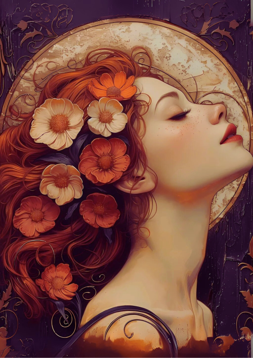 A symmetrical artwork featuring a red-haired woman adorned with orange and white flowers, framed by a golden floral halo and intricate swirling patterns on a pastel background.