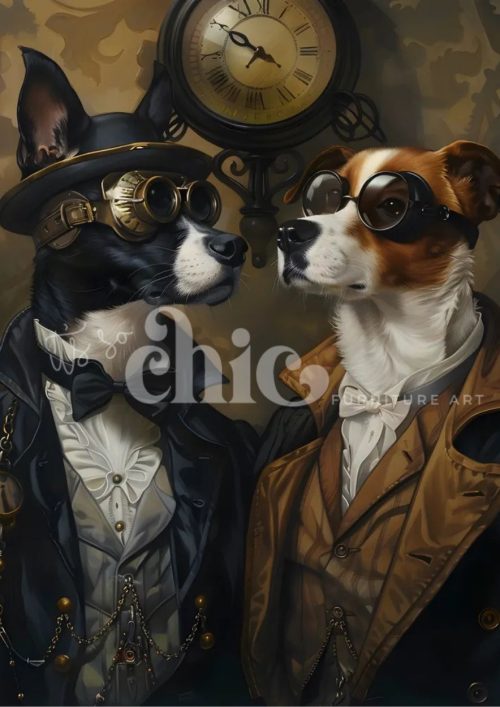 Two dogs dressed in elaborate steampunk attire—one wearing a top hat and monocle, the other with spectacles—standing in front of an antique clock surrounded by vintage accessories.