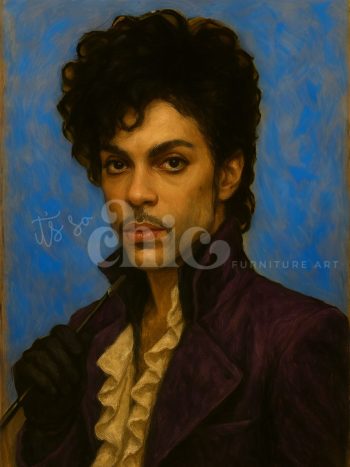 A stylized portrait of a figure in a deep purple coat and ruffled cream shirt, holding a cane with a black glove, set against a vibrant blue background. Inspired by Prince