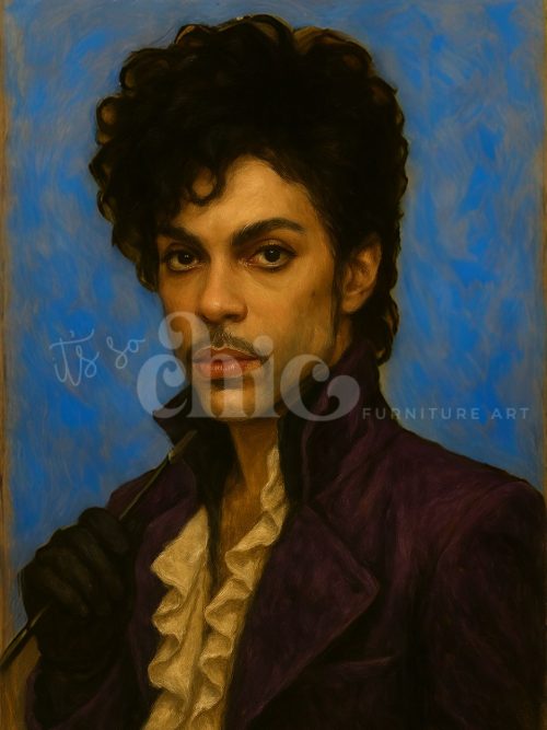 A stylized portrait of a figure in a deep purple coat and ruffled cream shirt, holding a cane with a black glove, set against a vibrant blue background. Inspired by Prince